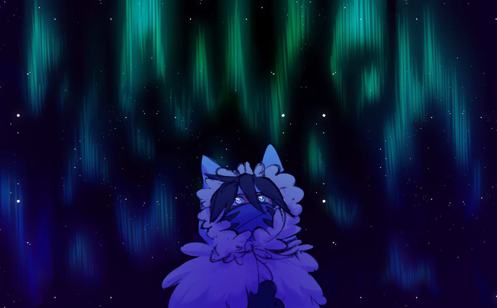 Brush's drawing of Tundra Jack, in light blue arctic gear and with wolf ears, looking in wonder at an aurora